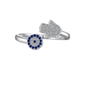 925 Sterling Silver Evil Eye & Palm Dainty Band Open Ring